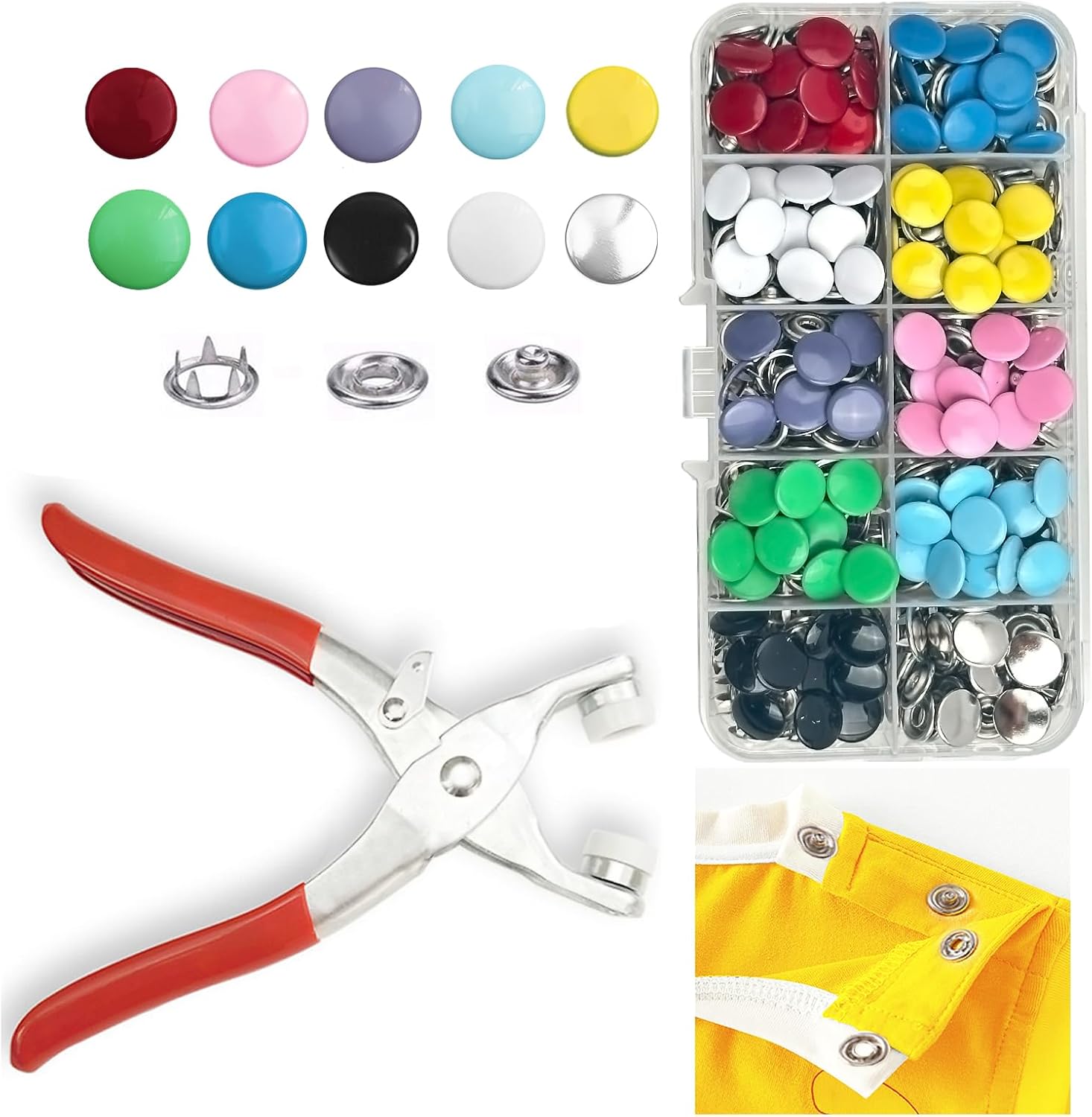 GTAAOY 100 Sets Metal Snaps Buttons with Fastener Pliers Press Tool Kit Perfect for DIY Crafts Clothes Hats and Sewing, Snap Button Fasteners Kit for Clothing Sewing (9.5mm / 400 PCS)