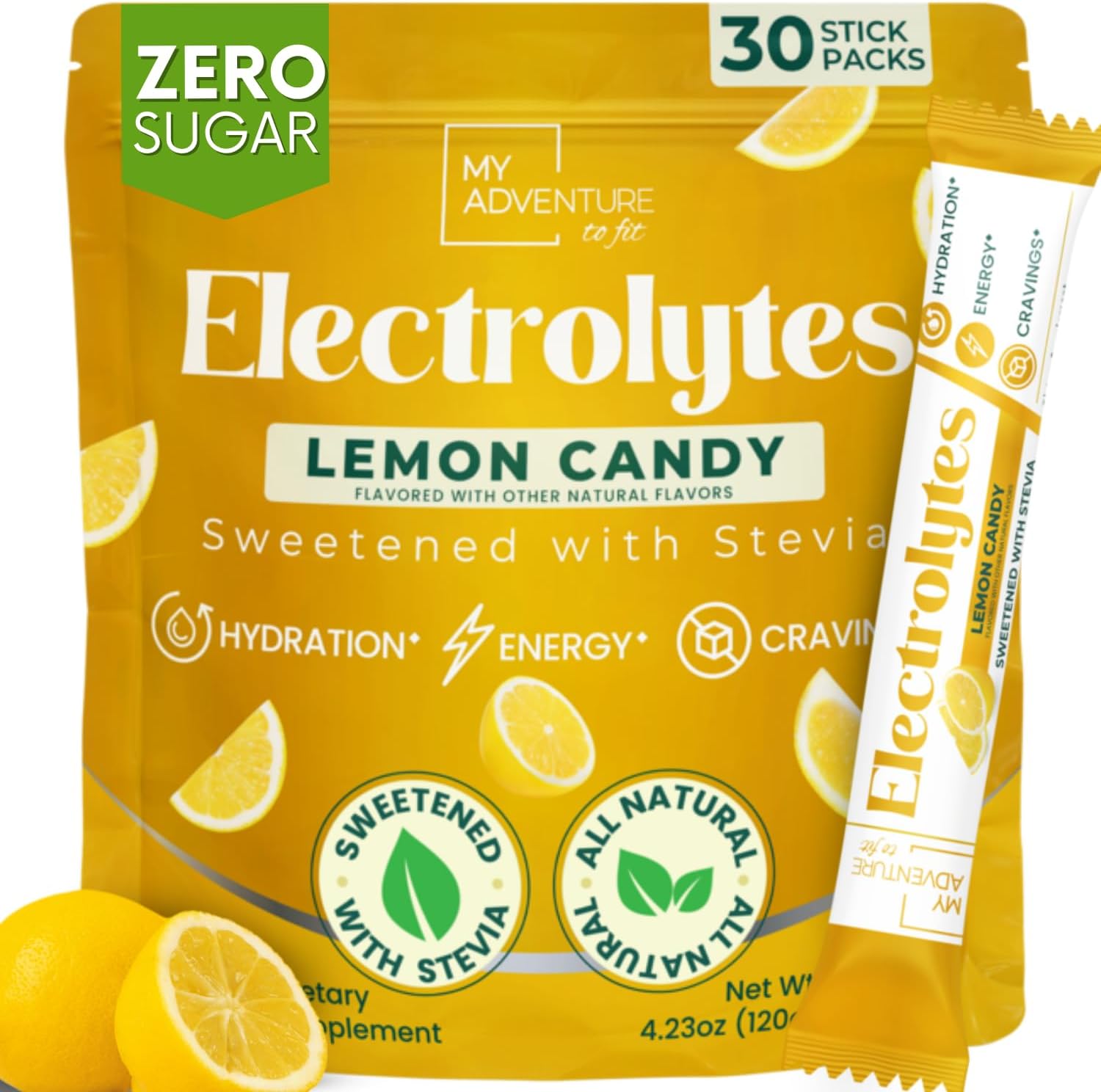 Zero Sugar Lemon Candy Electrolytes Sticks - Refreshing Hydration - Caffeine Free Energy with All Natural Ingredients - Vegan, Keto & Paleo - Sugar Free Electrolytes Powder Drink Mix - 30 Sticks