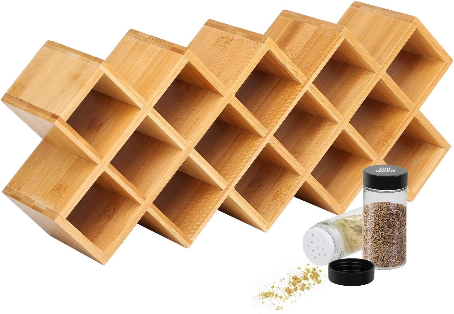 4-Tier Bamboo Countertop Spice Rack Organiser, 18-Jar Criss-Cross Kitchen Cabinet Countertop Storage Organizer Shelf, Fit for Round and Square Spice Bottle, Free Standing for Counter Cabinet or Drawer