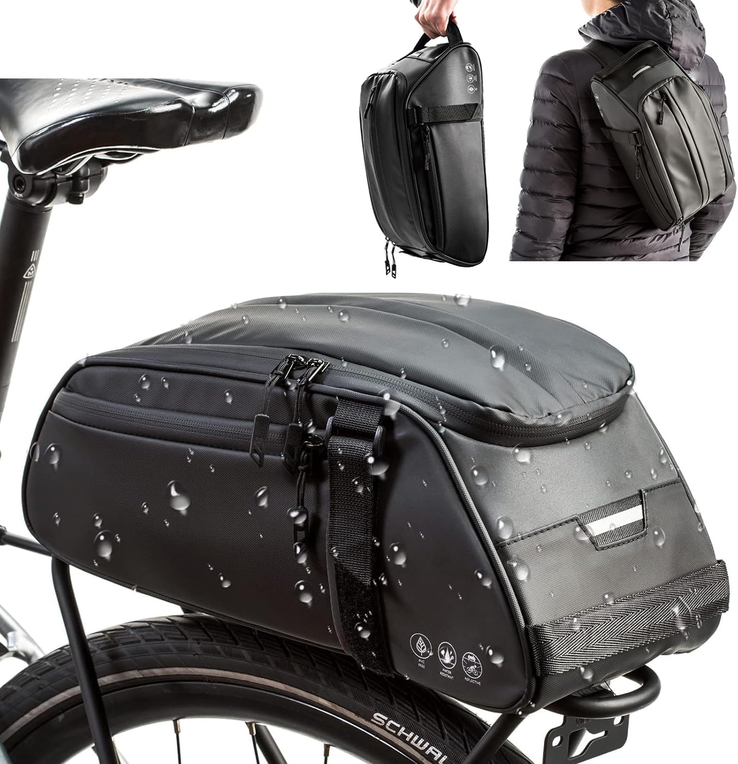 ZIMFANQI Bike Rear Bag Reflective,Water Resistant Bicycle Pannier Rack Bag Cargo Trunk Storage Cycling Carrier Chest Bag,8L Capacity with Multi Pocket Taillight Loop,Shoulder Strap for Outdoor