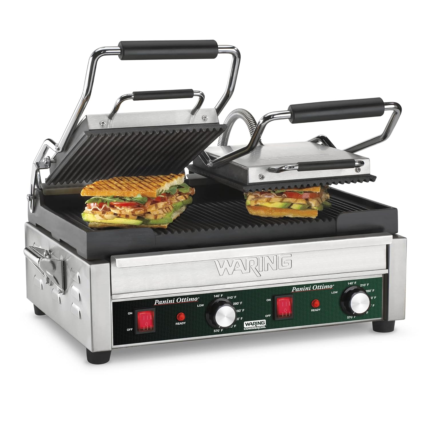 Waring Commercial WPG300 Panini Otimo Dual Ribbed Panini Grill, 240V, 3200W, 6-20 Phase Plug, Silver, 15.5 x 18.75 x 9.25 inches