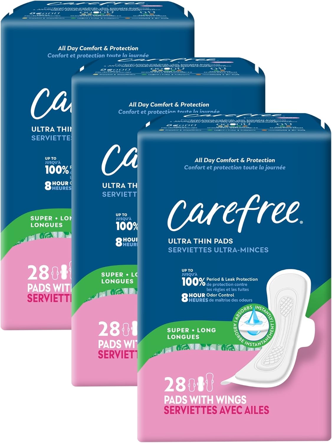 Carefree Ultra Thin Pads for Women, Super/Long Pads with Wings, 84ct (3 Packs of 28ct) | Carefree Feminine Care, Period Care & Postpartum | 84ct (3 Packs of 28ct)