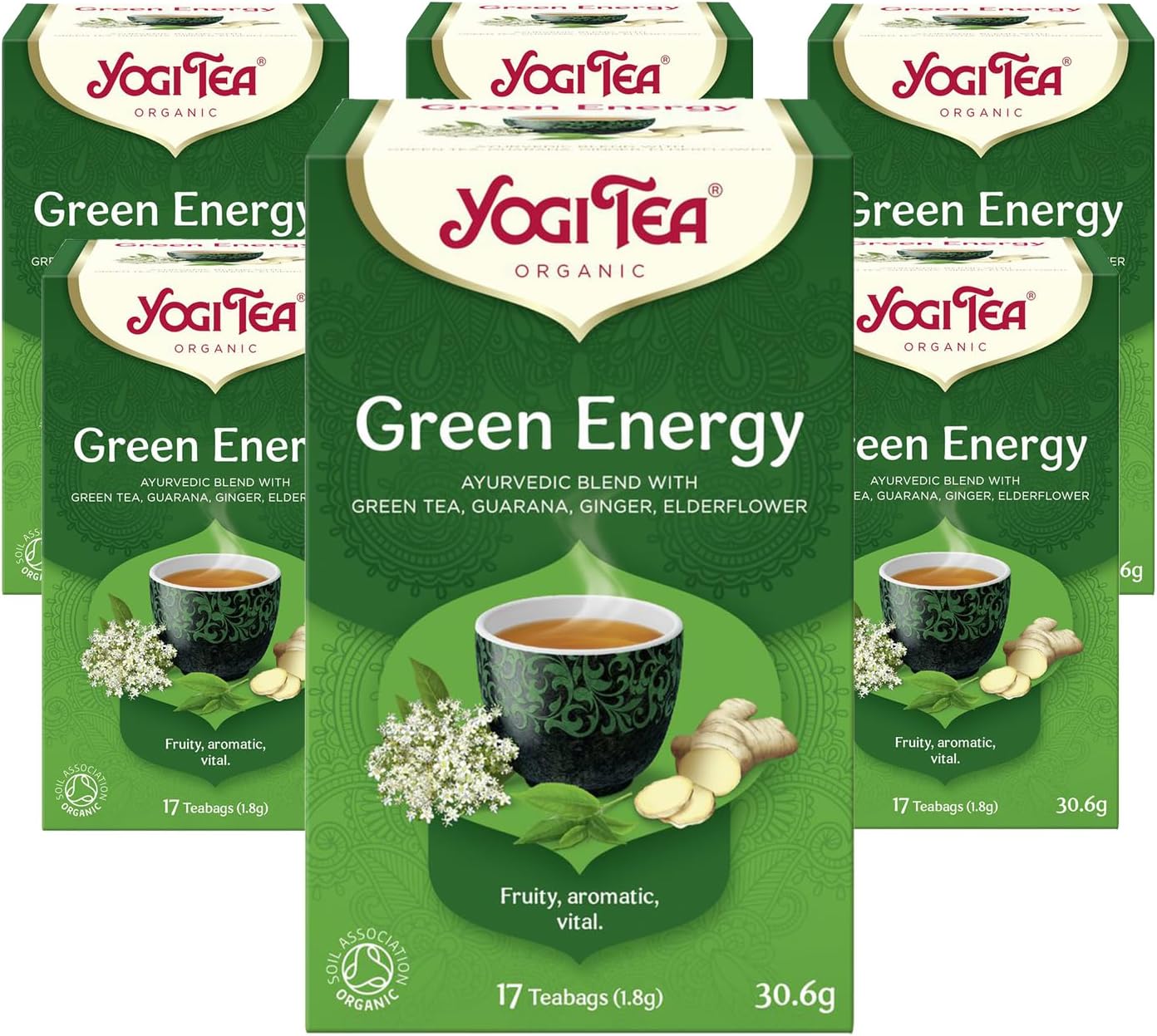 Yogi Tea, Green Energy, Organic Herbal Tea, Blend of Green Tea, Guarana, Ginger and Elderflower, 6 Packs x 17 Tea Bags (102 Teabags Total)