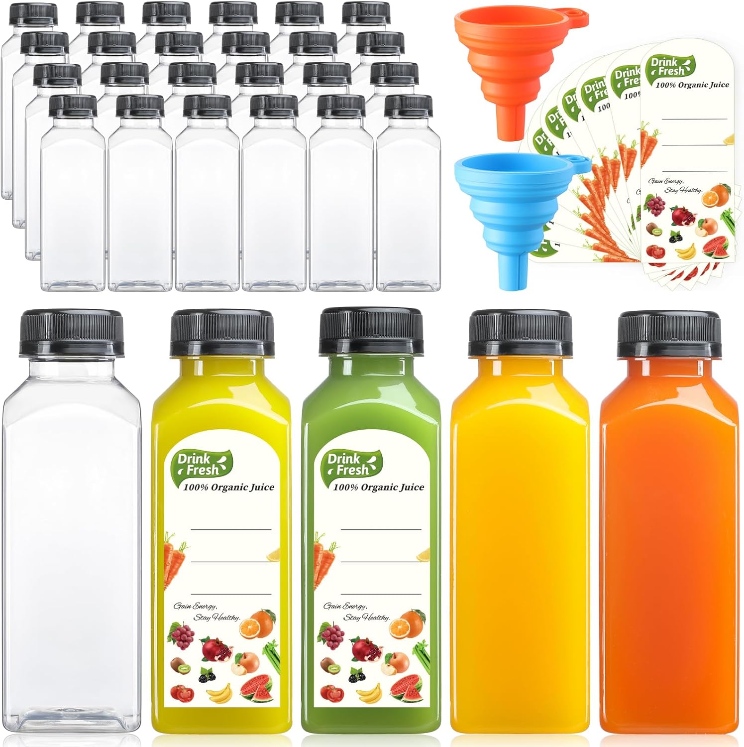 24 PACK, 12 OZ Reusable Plastic Juice Bottles with Caps, Plus 24 Labels & 2 Silicone Funnels - Clear Juicing Bottles for Juice, Smoothies, Ginger, Tea, Coffee - Food Grade & Leakproof Travel Bottles