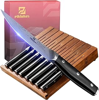 Steak Knives Set of 8 with Drawer Organizer, 4.5 Inch Non Serrated Dinner Knife, Forged German Steel Damascus Pattern Straight Edge Meat Knife with Full Tang Handle, Dishwasher Safe, Black