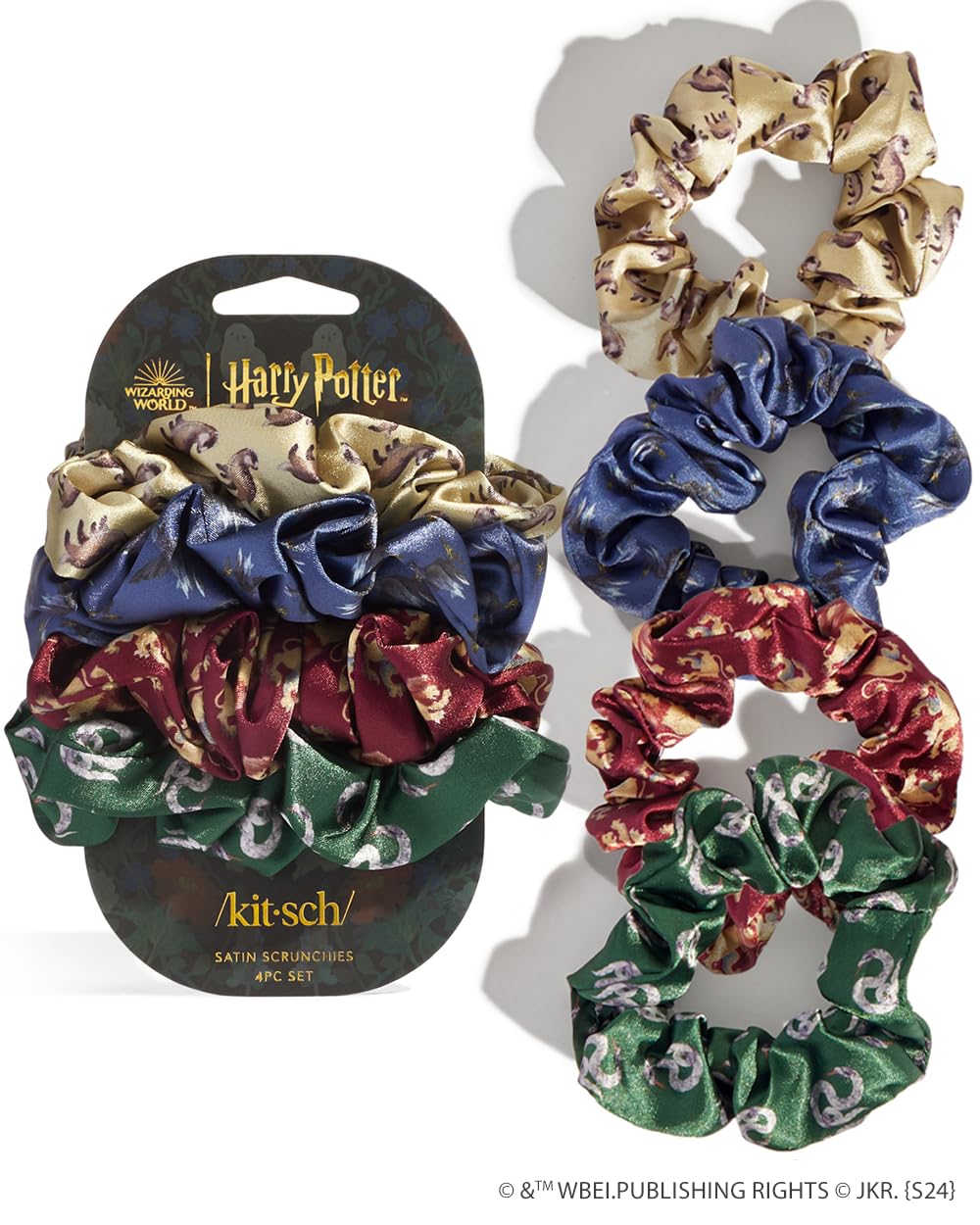 Harry Potter x Kitsch Satin Scrunchies - Softer Than Silk, Damage Free Hair Ties for Girls and Women, Featuring All House Crests - Hair Accessories for All Hair Types, Ideal for Daily Use - Set of 4