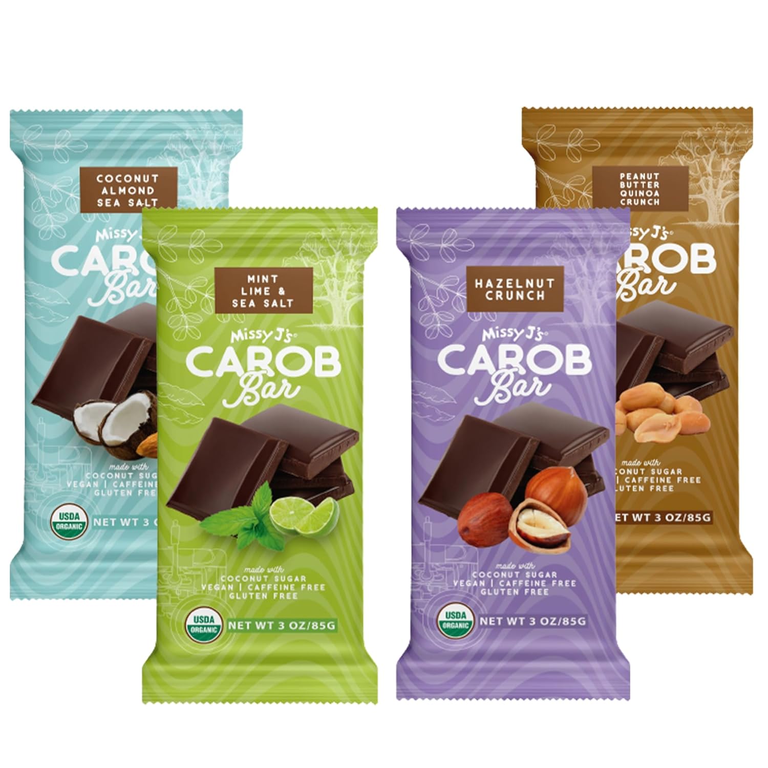 Missy J's Organic Carob Bars Variety 4 Pack. Made w/Coconut Sugar, Vegan, Gluten Caffeine Free, Healthy Substitute for Chocolate, Perfect for Snacks and Treats