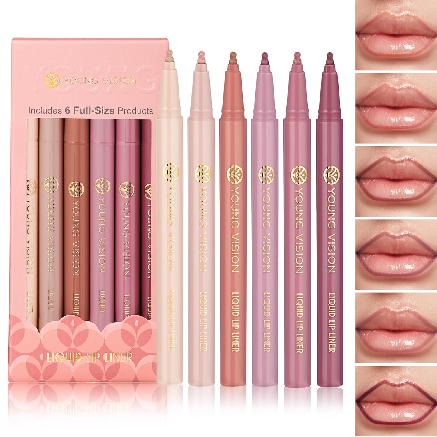 YOUNG VISION 6-Pc Lip Liner Set, Gourd-Shaped Precision Tip, Long-Lasting, Smudge-Proof, Easy Glide Nude Matte Lip Contour for Women, Perfect for Precise Lip Definition, Gift Set