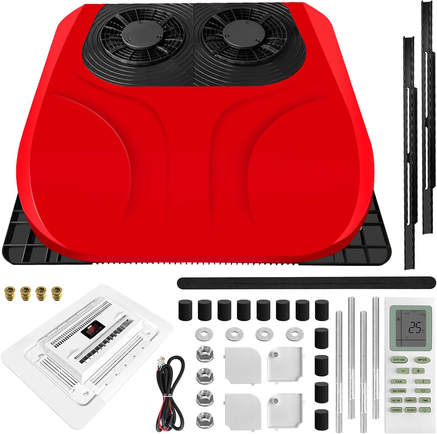 DC 24V RV Rooftop air conditioner,Dual Fan Intelligent Automatic swing,Ultra-Quiet Ultra-Thin,Easy Install Non-Ducted,Fast Cooling,Fit for trucks,trailers,campers, large vehicle RV ac unit.