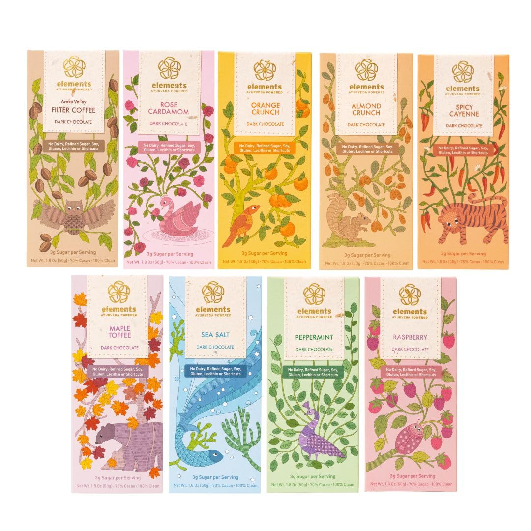 Elements Truffles Complete Collection - Ayurvedic Chocolate Bars Variety Pack - Heavy Metal Tested - Dairy Free, Paleo, Gluten Free, Non-GMO, Raw, Organic - Healthy Chocolate Bar Gift Set - Pack Of 9