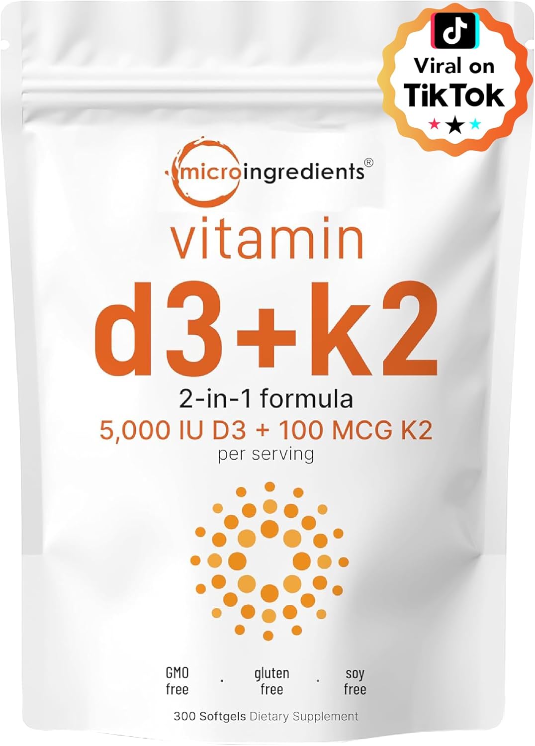 Micro Ingredients Vitamin D3 5000 IU with K2 MK-7 100 mcg, 300 Softgels, 2-in-1 Immune, Heart, Joint, Teeth & Bone Health Support, Easy to Swallow