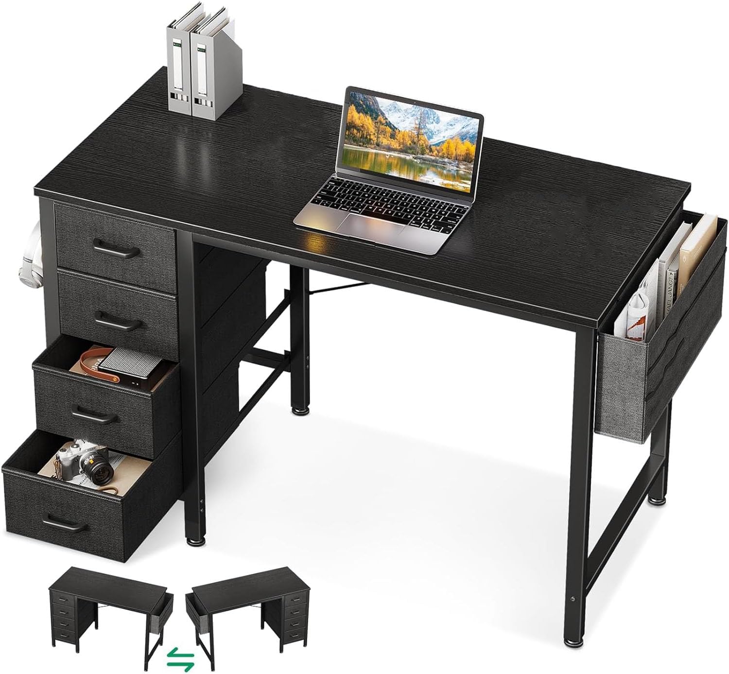 Casaottima 32 Inch Small Computer Desk with 4 Fabric Drawers, Home Office Desks with Storage & Side Hook and Cloth Bag, Modern Study/Work Table for Bedroom and Small Space, Pure Black