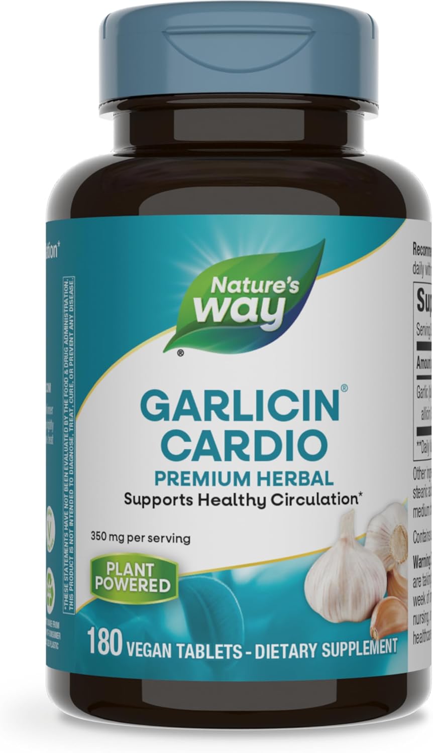 Nature's Way Garlicin Cardio, Premium Herbal, Supports Healthy Circulation*, No Garlic Taste, Vegan, 180 Tablets (Packaging May Vary)