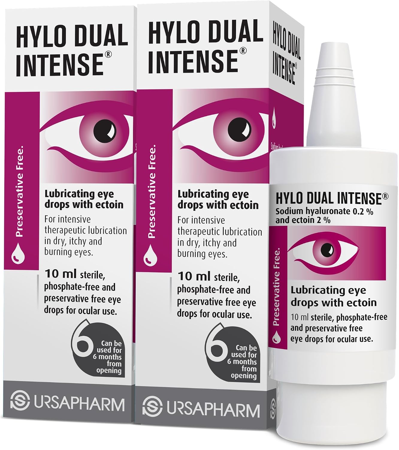 Hylo Dual Intense - 2 Pack - Eye Drops for Long-Lasting, Intensive Lubrication and Instant Relief for Itchy, Burning Sensation and Severe Dry Eyes - Preservative Free - 2x300 Measured Doses