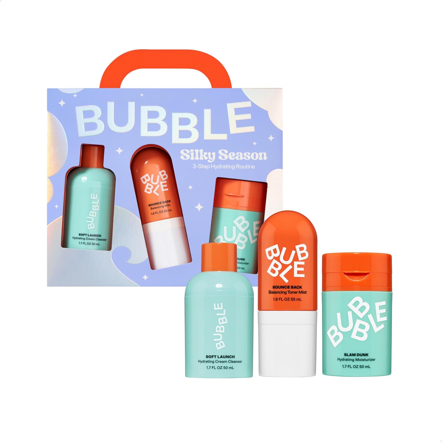 Bubble Skincare Silky Season 3-Step Hydrating Skin Care Set - Travel Size Skincare for Dry Skin - Soft Launch Cream Cleanser, Bounce Back Hydrating Toner Spray & Slam Dunk Moisturizer (3 Count)