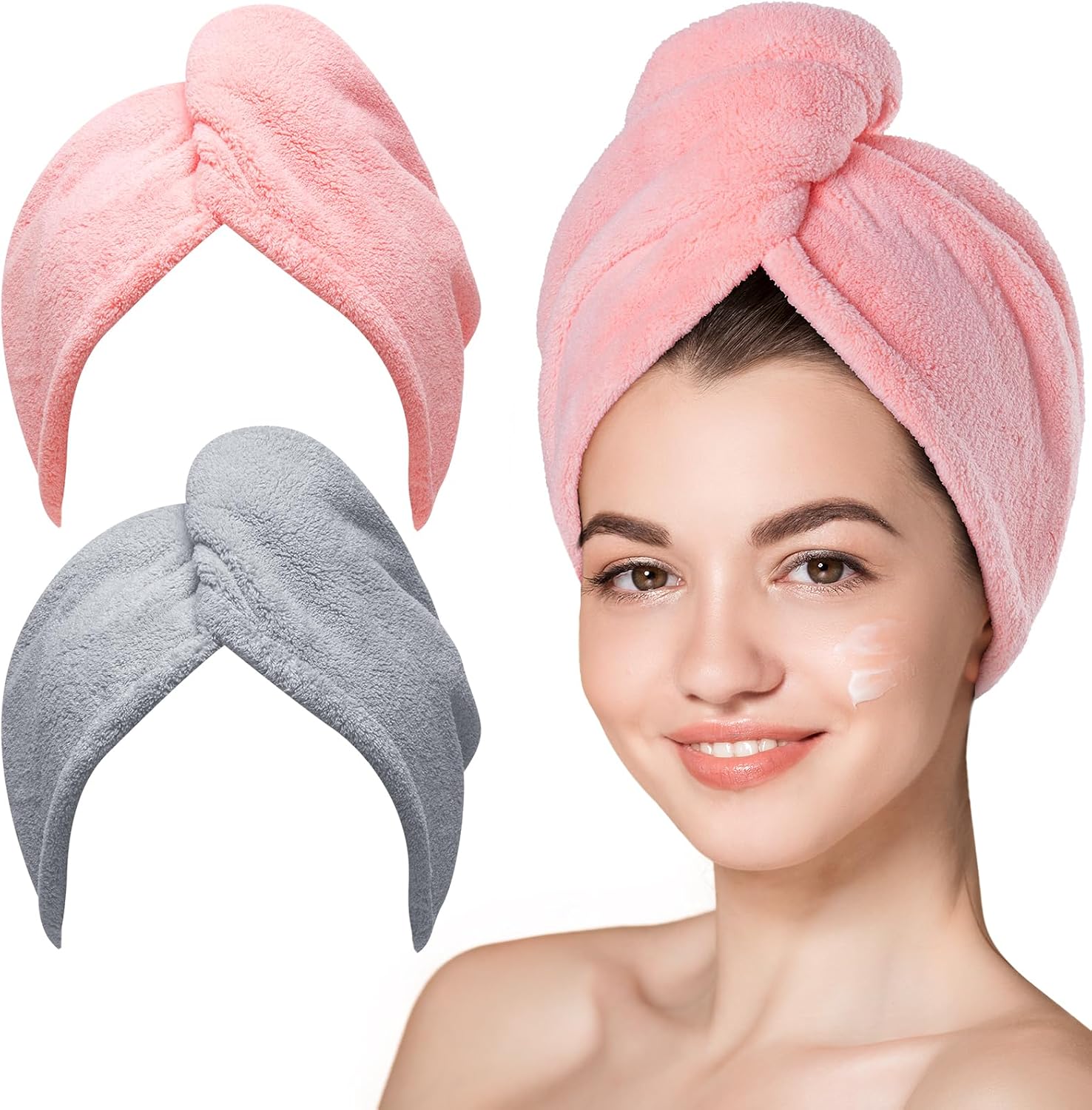 Hicober Microfiber Hair Towel Wrap for Women,Quick Dry, Pink Grey, 2-Pack