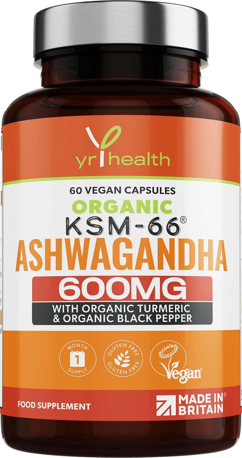 Organic Ashwagandha KSM-66 Capsules 5% Withanolides Added Organic Turmeric and Black Pepper, Certified by Soil Association, Vegan Registered Ashwagandha Powder Capsules, Made in The UK by YrHealth