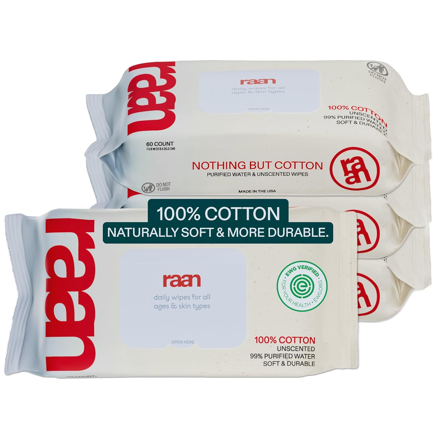 Raan, 100% Cotton Baby & Toddler Wipes, Unbleached, 99% Purified Water, Unscented, EWG verified, Made for Sensitive Skin, Extra Soft and Durable, 4 pack, 240 Count