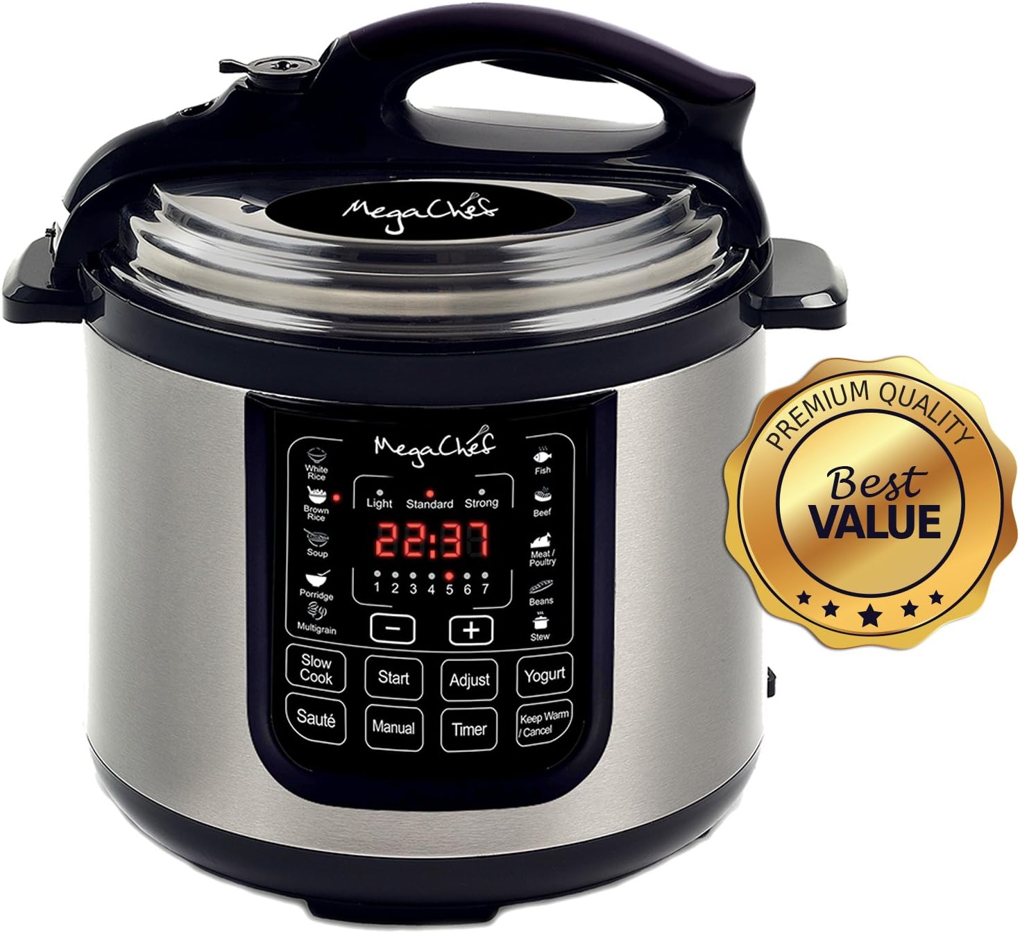 MegaChef MCPR120A 8 Quart Digital Pressure Cooker with 13 Pre-set Multi Function Features, Stainless Steel