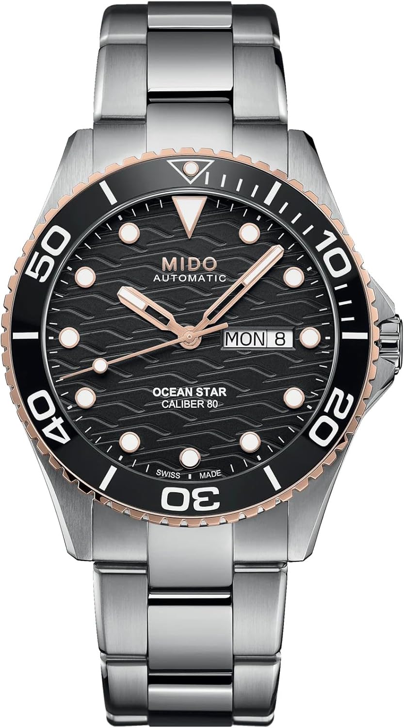 MIDO Ocean Star 200C - Swiss Automatic Diving Watch for Men - 42.5mm Stainless Steel Case - Rotating Ceramic Bezel - Black Wave-Design Dial with Day,Date Calendar - Stainless Steel Bracelet - M0424302105100