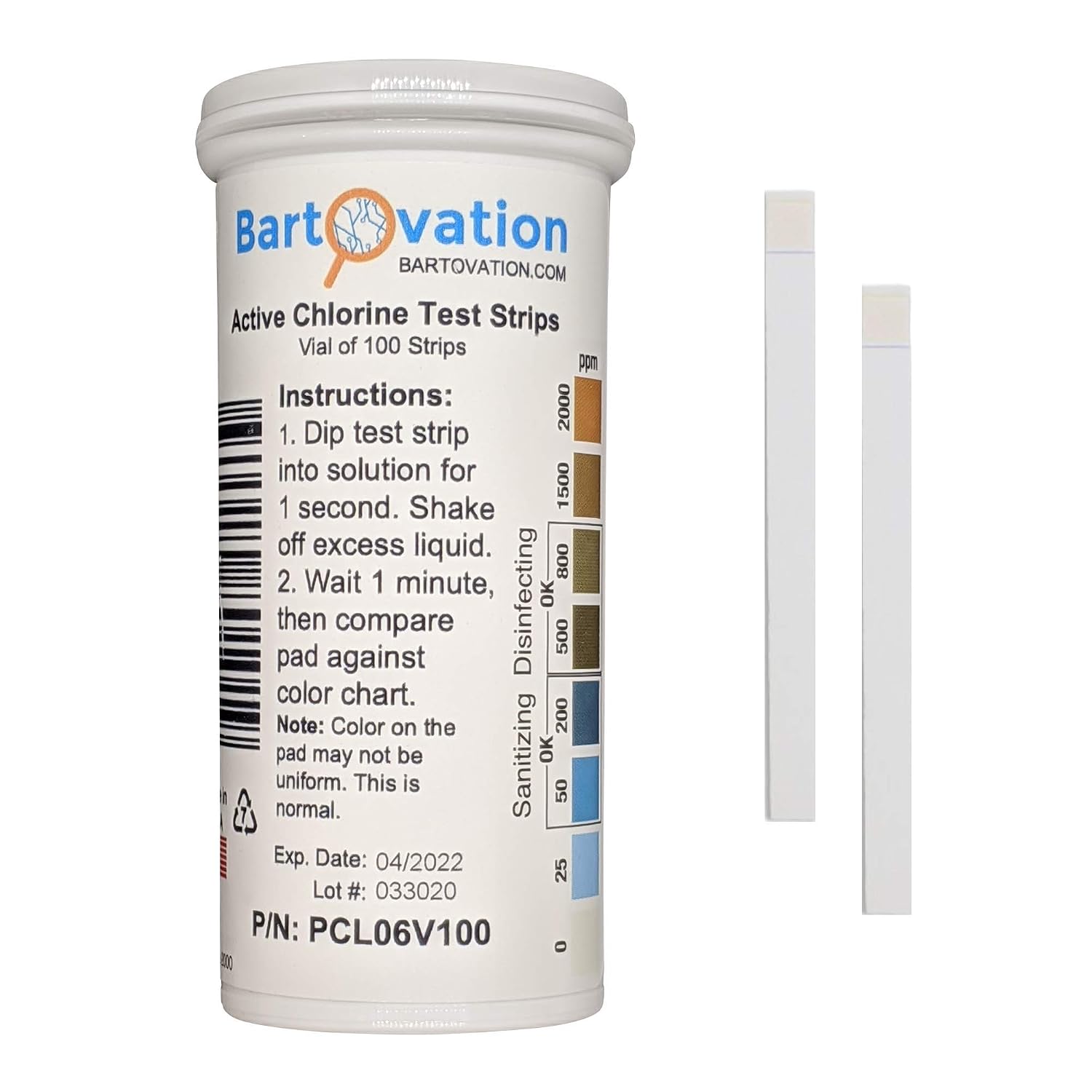 Bartovation Active Chlorine Bleach Test Strips, 0-2000 ppm, 100-Pack