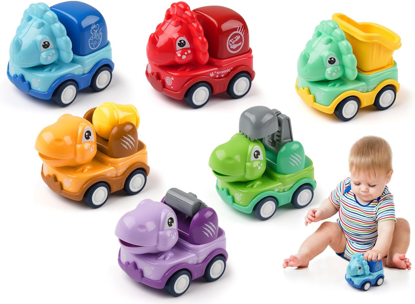 Deepton 6 Pcs Dinosaur Car Toys for 1-2 Year Old Boys and Girls - Pull Back Cars, Toddler Toys, Birthday Gifts for Ages 1 2 3