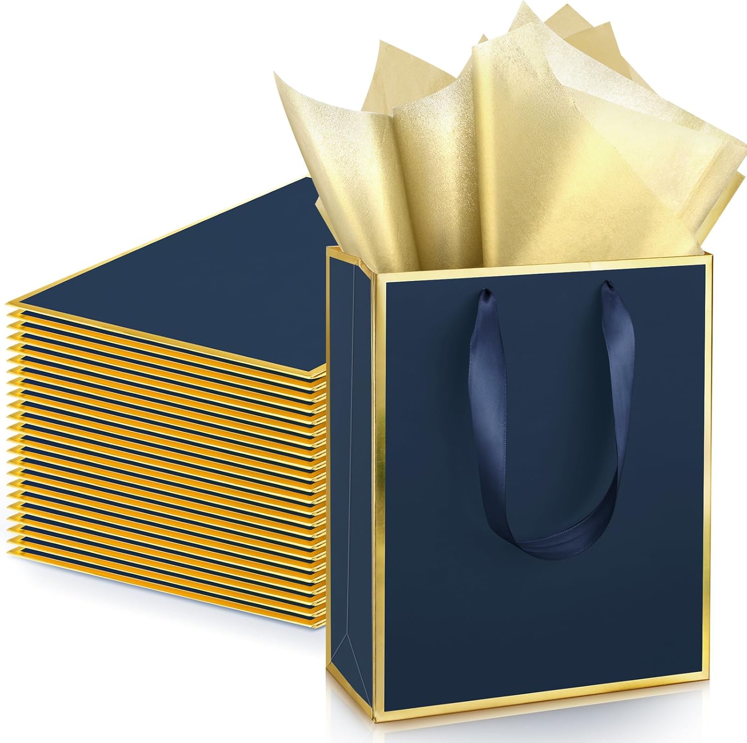 Yeaqee 24 Pack Metallic Paper Gift Bags with Handle and Tissue 9x7x3.1 Welcome Gift Thank You Bags for Wedding Father's Day Bridal Shower Groomsmen Birthday Party(Navy Blue, Gold)