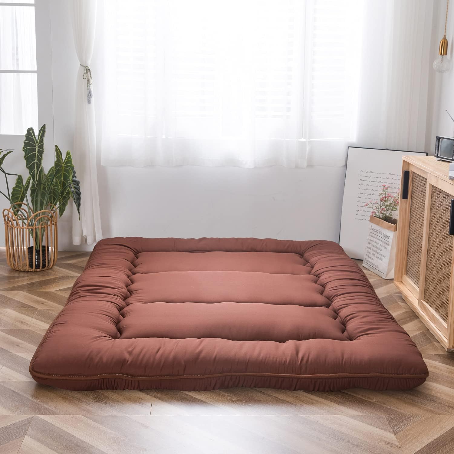 MAXYOYO Futon Mattress, Padded Japanese Floor Mattress Quilted Bed Mattress Topper, Extra Thick Folding Sleeping Pad Breathable Floor Lounger Guest Bed for Camping Couch (Coffee, Double)
