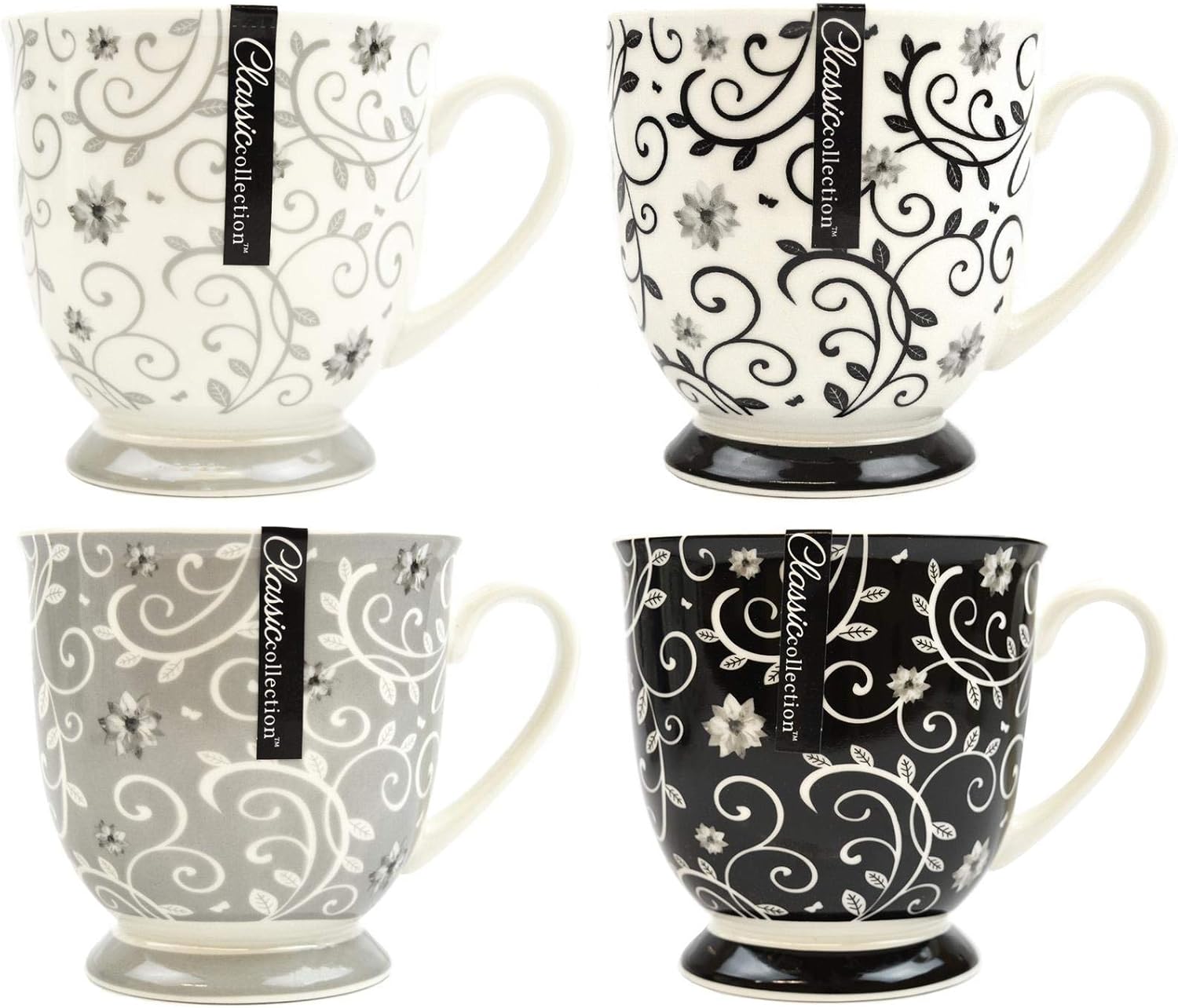Set of 4 Coffee Mugs Tea Cups Floral Swirl Grey Black White New Bone China Large 400ml