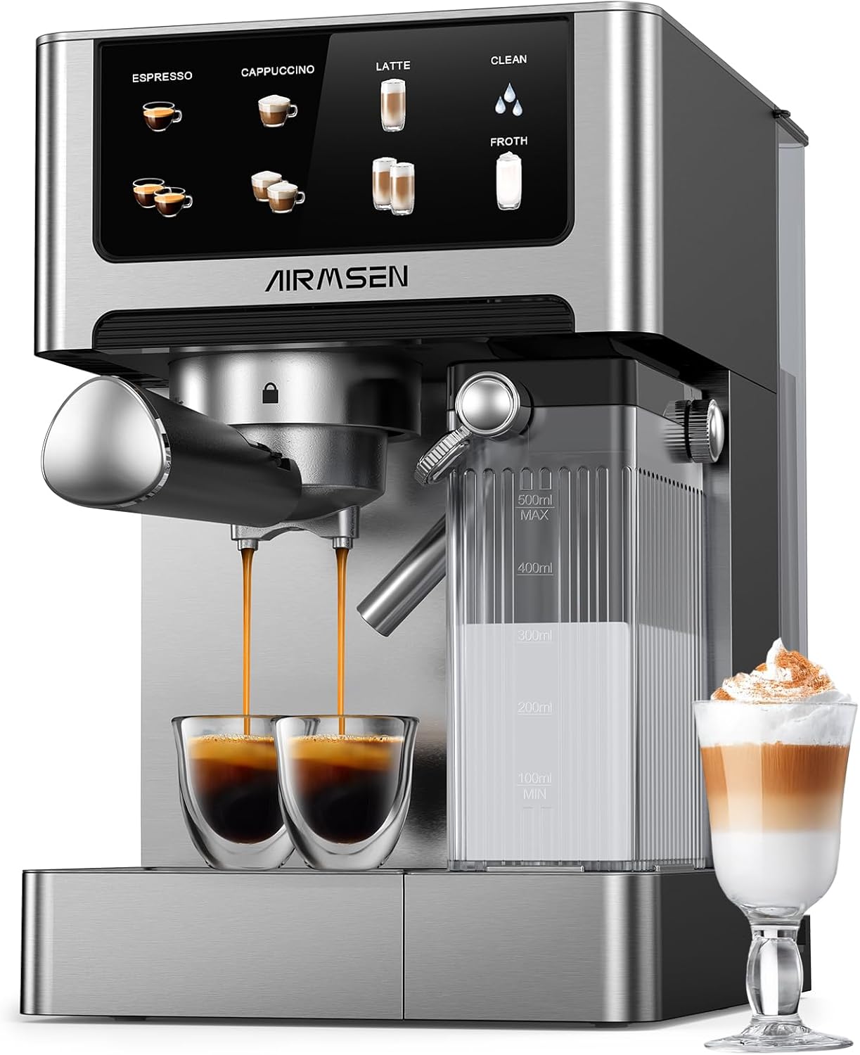 AIRMSEN 20 Bar Espresso Machine with Automatic Milk Frother for Home, Cappuccino & Latte Coffee Maker with Quick Brew Dual Boiler (1350W + 1000W), Stainless Steel, 60oz Water Tank, Touchscreen