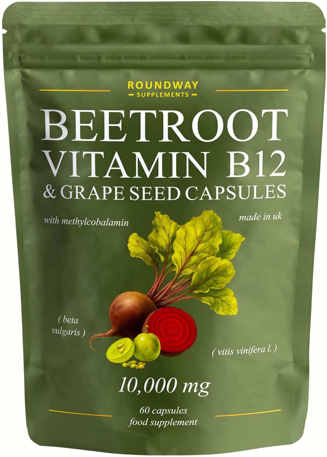 Beetroot Capsules with Vitamin B12 & Grape Seed Extract for Energy & Immunity + Nitric Oxide | High Strength 9000mg Beetroot, 1000mcg Methylcobalamin | 60 Capsules (2 Months) by Roundway Supplements