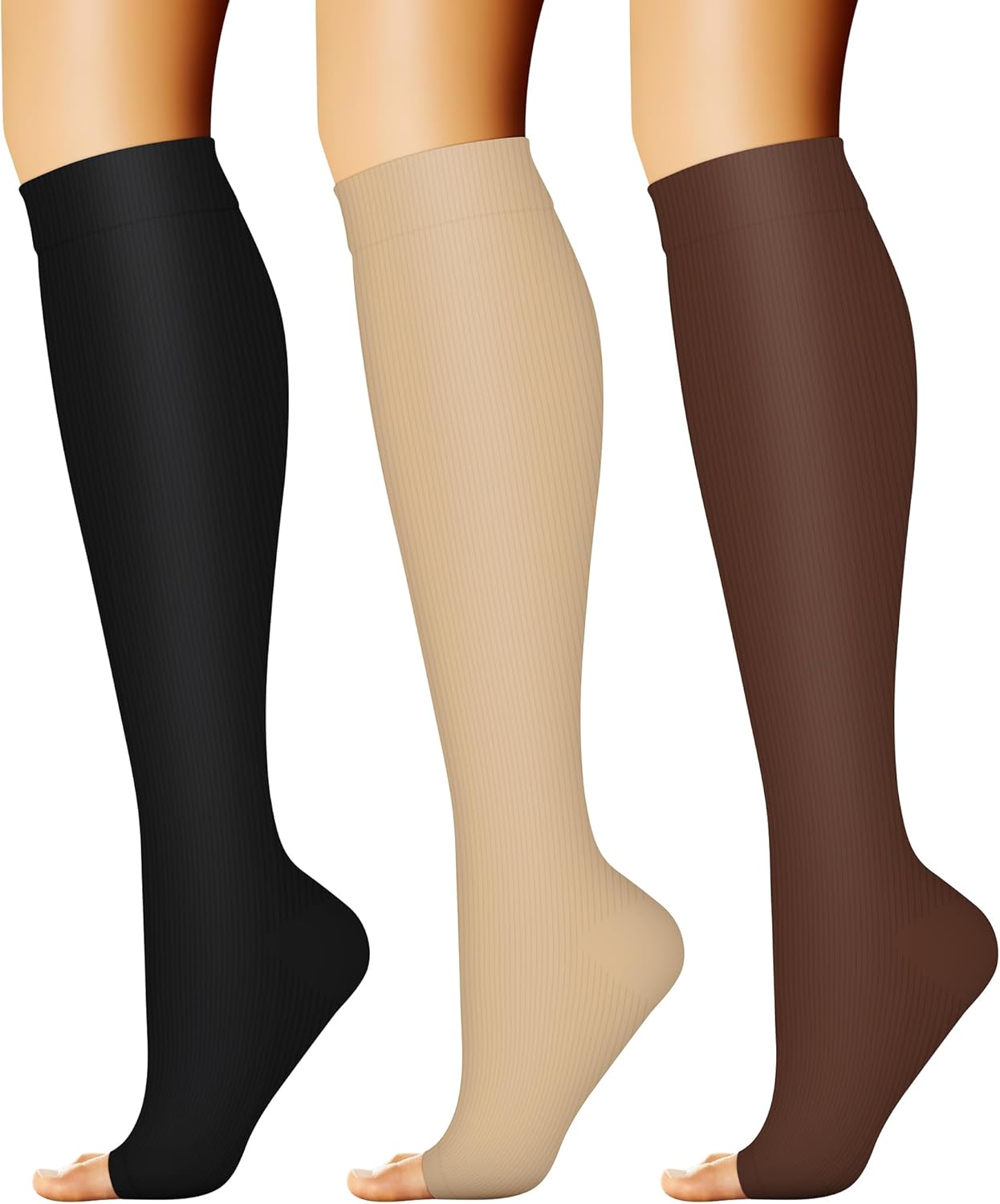 CHARMKING 3 Pairs Open Toe Compression Socks for Women & Men Circulation 15-20 mmHg is Best Support for All Day Wear