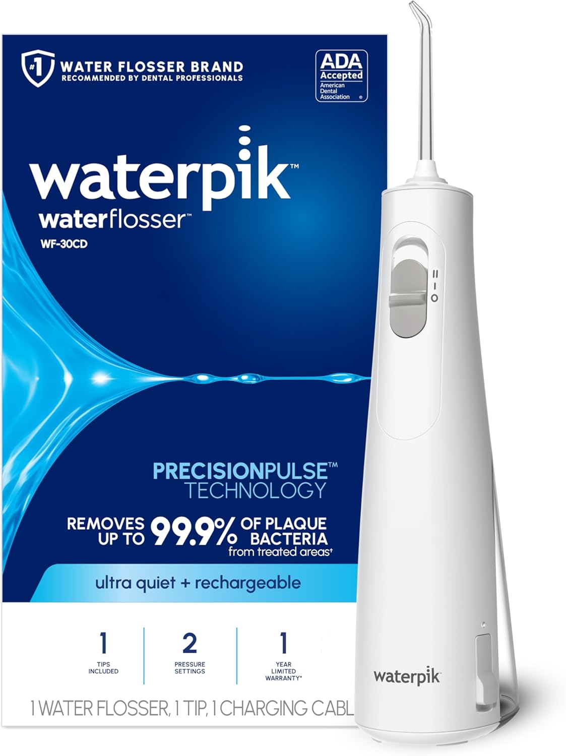 Waterpik Cordless 1100 Rechargeable Portable Water Flosser for Teeth Cleaning and Flossing, Travel, Braces Care, Healthier Gums, Waterproof for Shower, ADA Accepted, WF-30CD White, Packaging May Vary