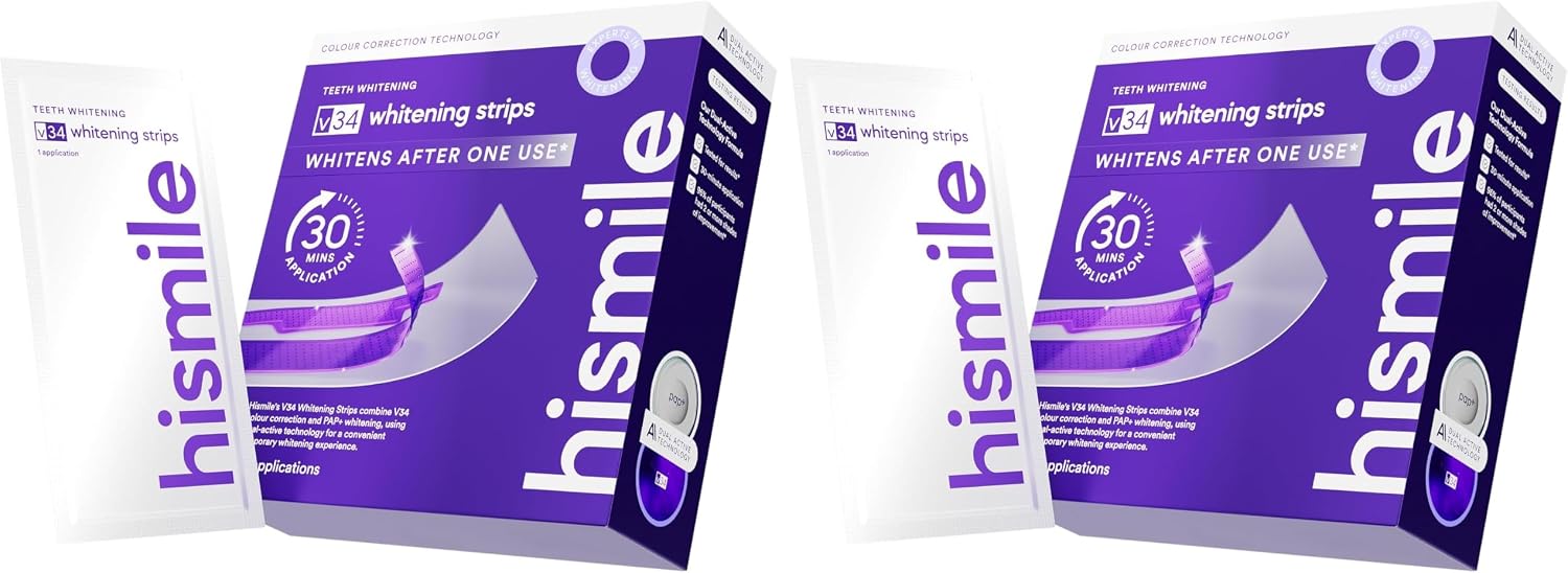 Hismile V34 Whitening Strips, Teeth Whitening Strips, Purple Tooth Whitening, Purple V34 Whitening Strips, Tooth Stain Treatment, Combining Whitening and Colour Correction (Pack of 2)