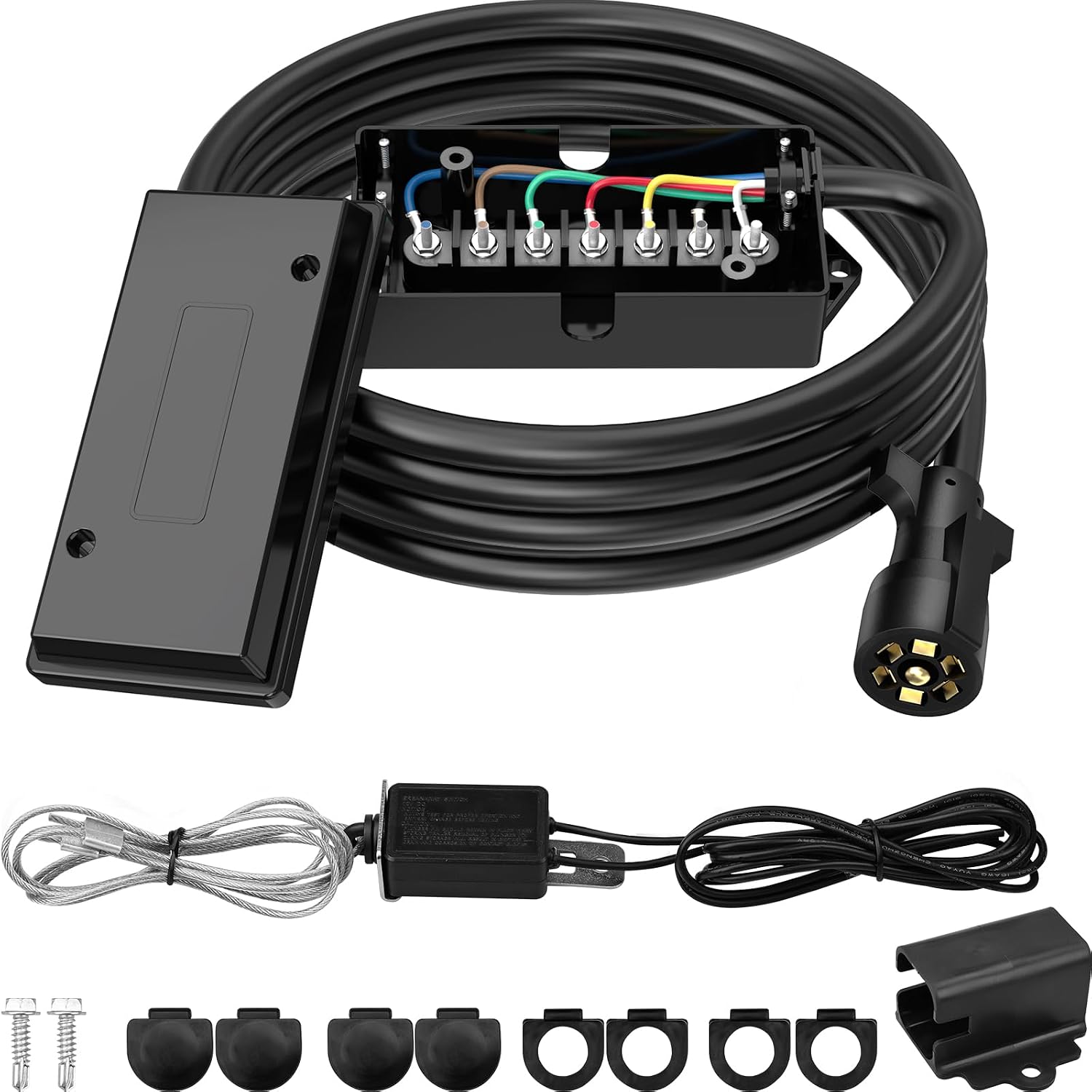 RVGUARD 7 Way 16 Foot Trailer Cord with 7 Gang Junction Box Kit, Include 12V Breakaway Switch and Plug Holder, Trailer Connector Cable Wiring Harness with Waterproof Junction Box