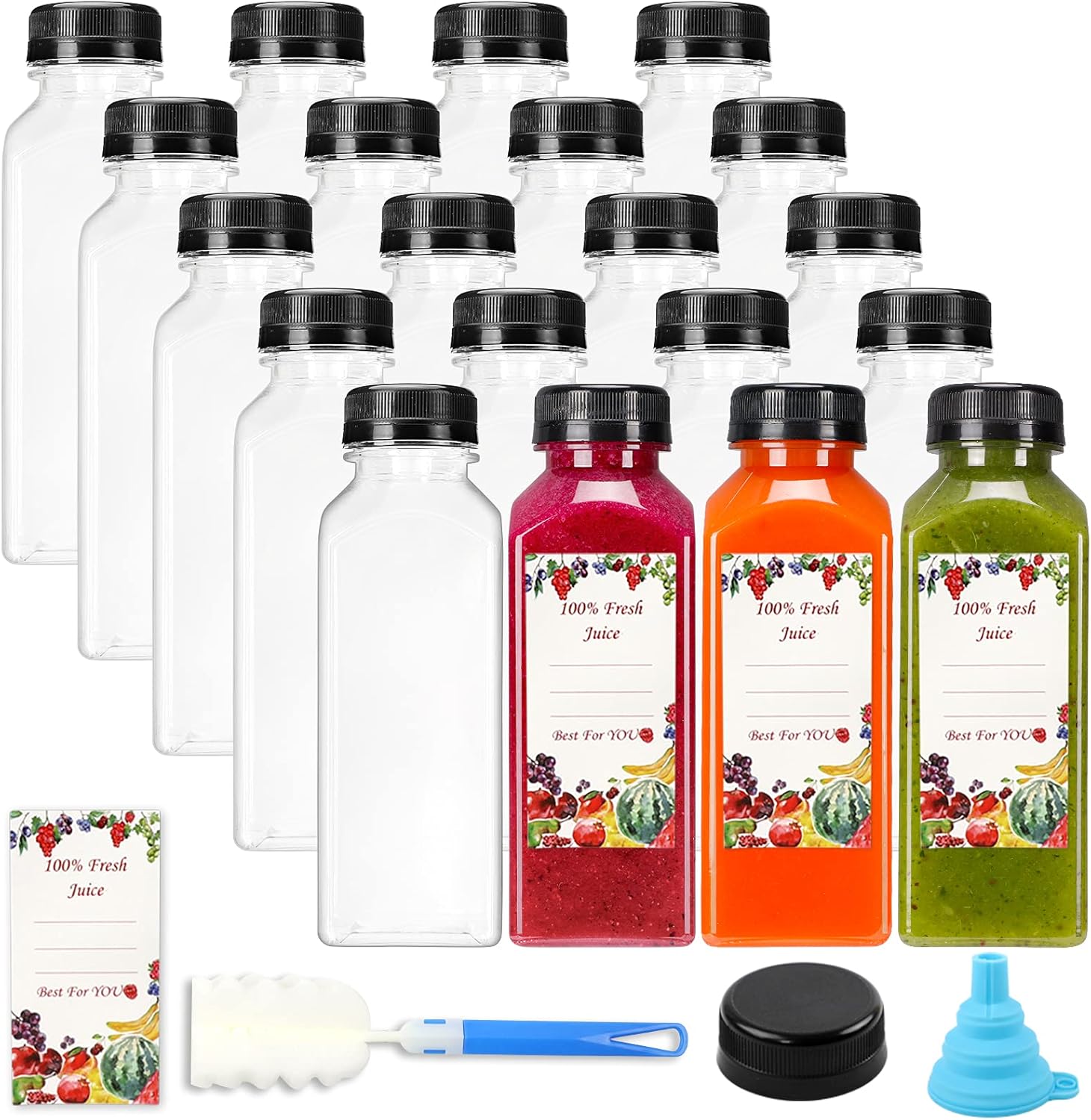 SUPERLELE 20pcs 12oz Empty Plastic Juice Bottles with Caps, Reusable Water Bottles, Clear Bulk Drink Containers with Black Tamper Evident Lids for Juicing, Smoothie, Drinking and Other Beverages