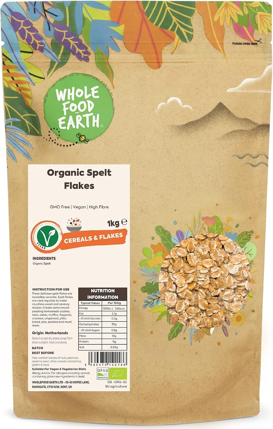 Wholefood Earth Organic Spelt Flakes – 1kg | Vegan | GMO Free | High Fibre | Certified Organic