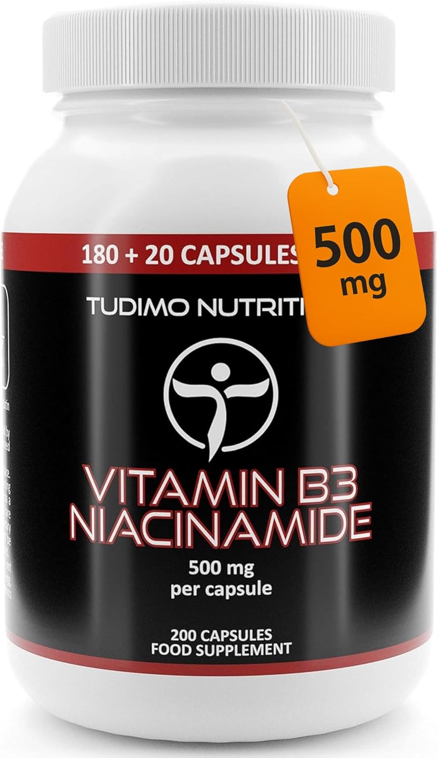 Vitamin B3 Niacinamide Supplement 500mg Flush Free Capsules - 200 High Strength Caps (6+ Month Supply), Each with 500 mg of Pure VIT B3 Nicotinamide 500mg Powder