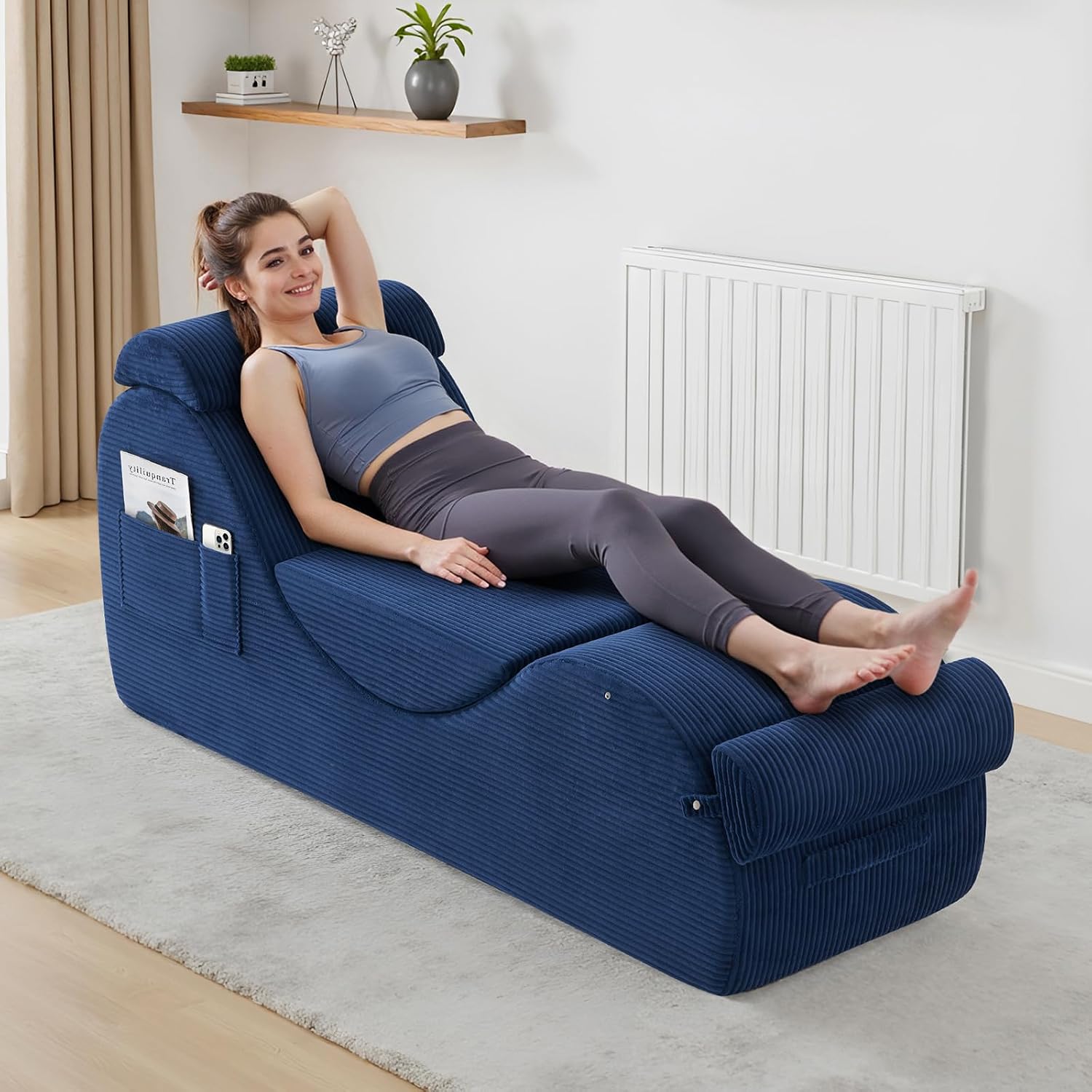 Yoga Chairs for Adults, Ergonomic Chaise Lounge Chair Indoor with Side Pocket, Lumbar Pillow, Ottoman, Yoga Chair Perfect for Stretching, Relaxation, Exercise, Used in Bedroom, Living Room(Blue)