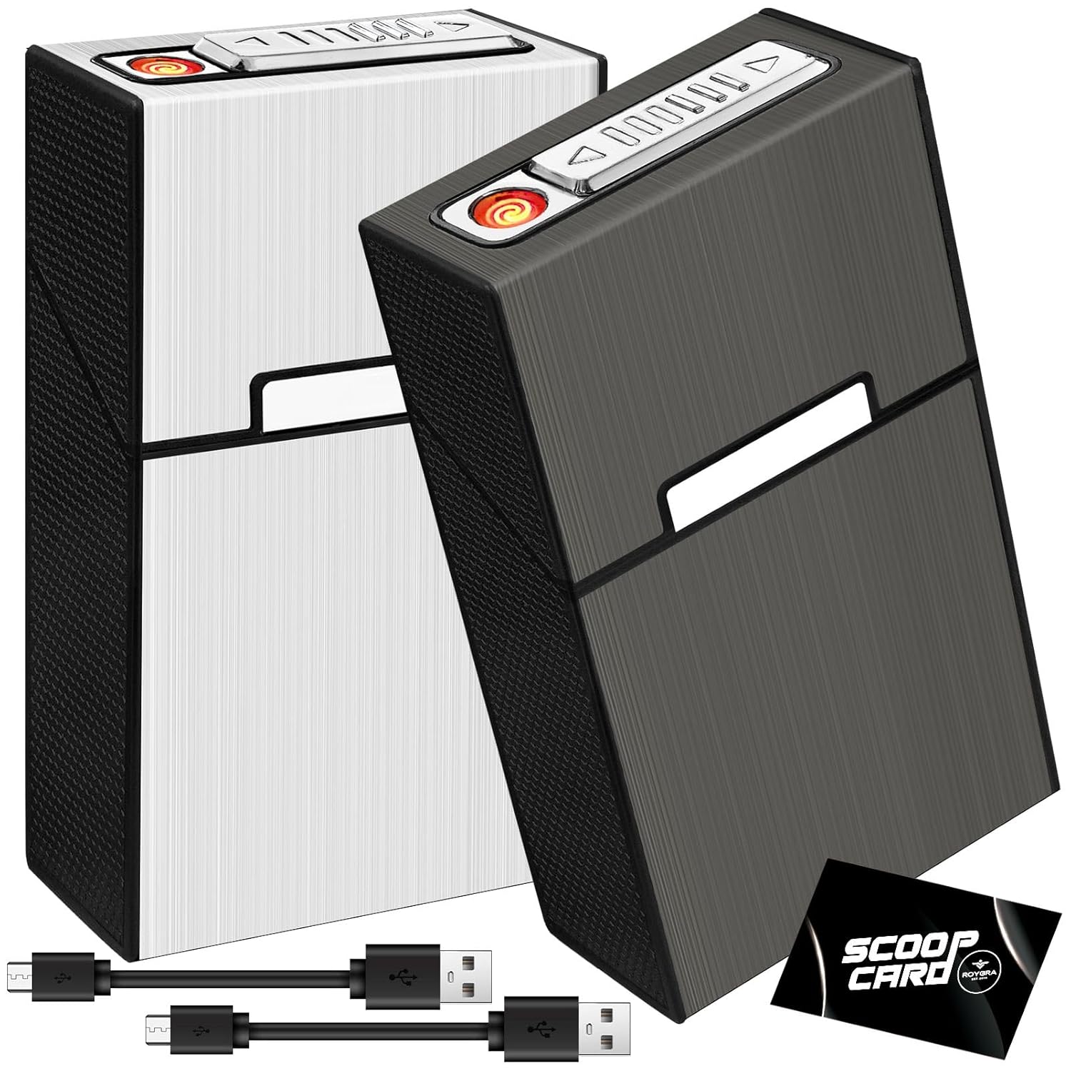 roygra Cigarette Case 85mm King Size with Lighter (2 Pack), Magnetic Switch 20 Capacity Holder Case for Men Women, Cigarettes Smoking Accessories, Rechargeable Flameless Windproof Electric Lighters