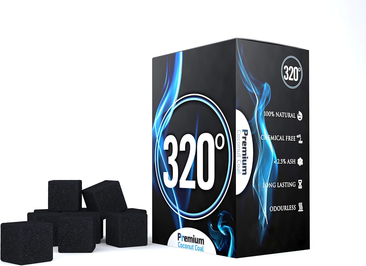 320° Premium Coconut Shisha Charcoal Coal (25mm Cubes) for Hookah BBQ 1 kg - 72 Pieces - Nicotine Free