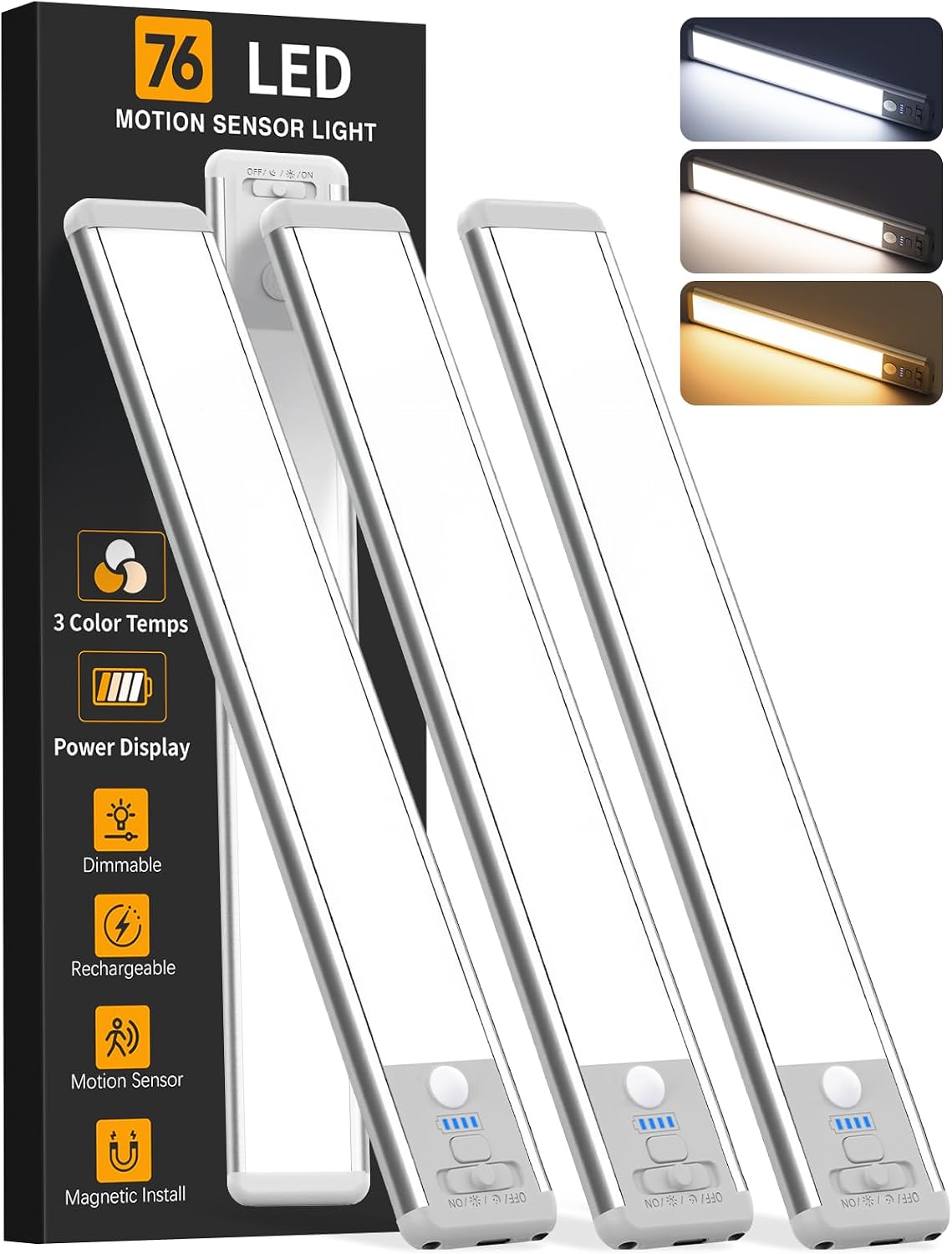 Under Cabinet Lighting Wireless, 10inch Motion Sensor Light Indoor, 3Pack | Rechargeable, 3 Color Temps, Dimmable, Power Display, LED Closet Light Magnetic, Under Counter Lights for Kitchen Shelf Home