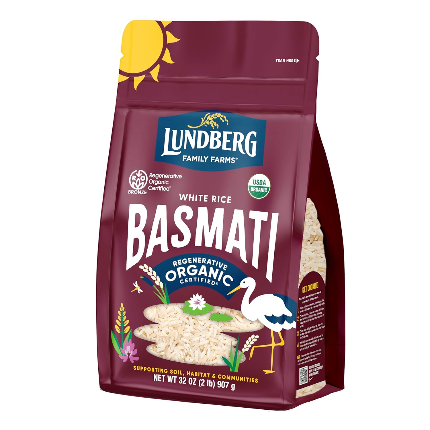 Lundberg Basmati Rice, Long Grain White Rice - Non-Sticky, Fluffy, Nutty, Aromatic Rice, Vegan Food, Healthy Meals, Gluten-Free Rice Grown in California, 32 Oz