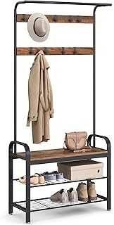 VASAGLE Coat Rack, Hall Tree with Shoe Bench for Entryway, Entryway Bench with Coat Rack, 4-in-1, with 9 Removable Hooks, a Hanging Rod, 13.3 x 33.1 x 72.1 Inches, Rustic Brown and Black UHSR400B01