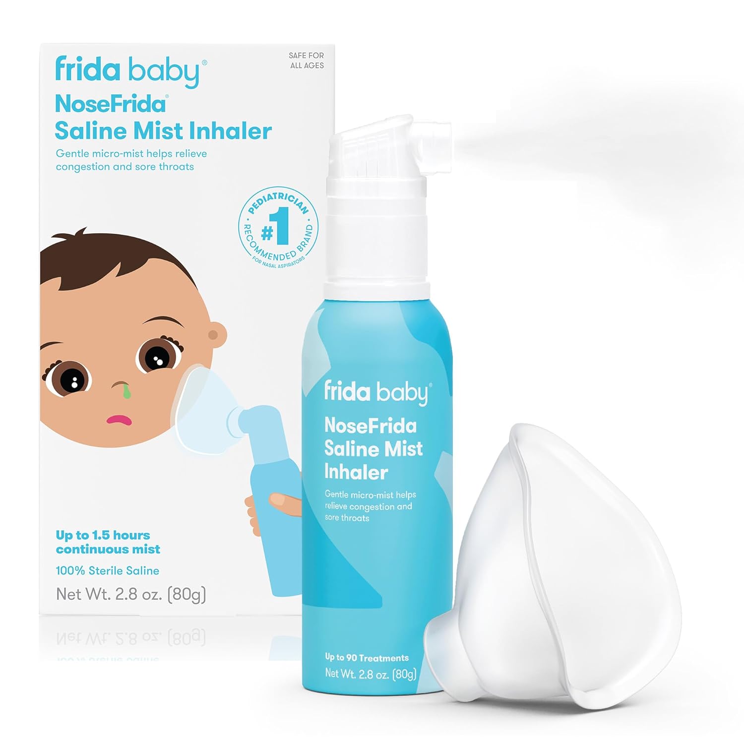 Frida Baby NoseFrida Saline Mist Nasal Inhaler, Decongestant Spray for Congestion & Allergy Relief for Babies + Kids, Nasal Saline Spray, Soothes Stuffy Nose & Sore Throat, Includes Mask, Made in USA