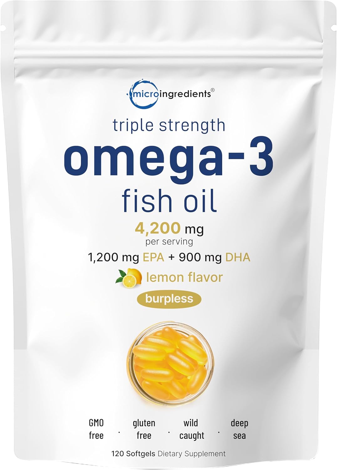 Micro Ingredients Triple Strength Omega 3 Fish Oil Supplements 4200mg Per Serving, 120 Softgels – Lemon Flavored – Burpless | EPA 1200mg + DHA 900mg | Deep Sea Fish