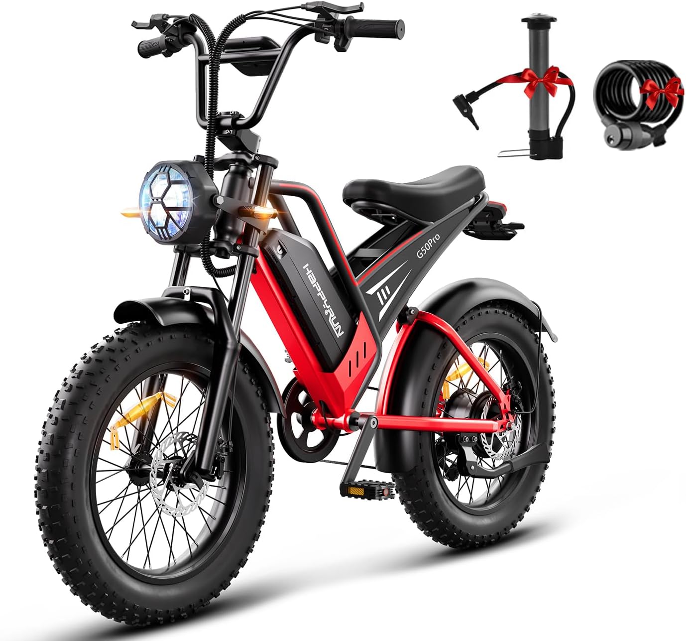 HAPPYRUN 2000W Electric Bike for Adults, 48V 25Ah Removable Battery, Up to 35MPH and 75+ Miles Range, 7-Speed Transmission, 20" Fat Tires Ebike, 3-Pedal-Assist Levels (G50Pro)