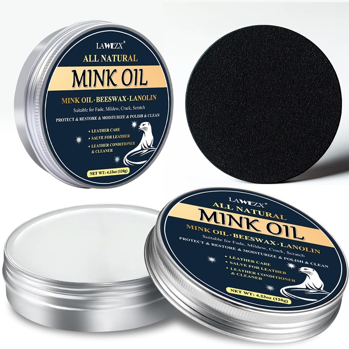 Leather Conditioner 120g, Mink Oil Leather Cleaner with Sponge - CLEANS, CONDITIONS & PROTECTS Leather - 100% Natural Ingredients| Protector for Leather Sofas, Furniture, Shoes, Bags, Car Seats