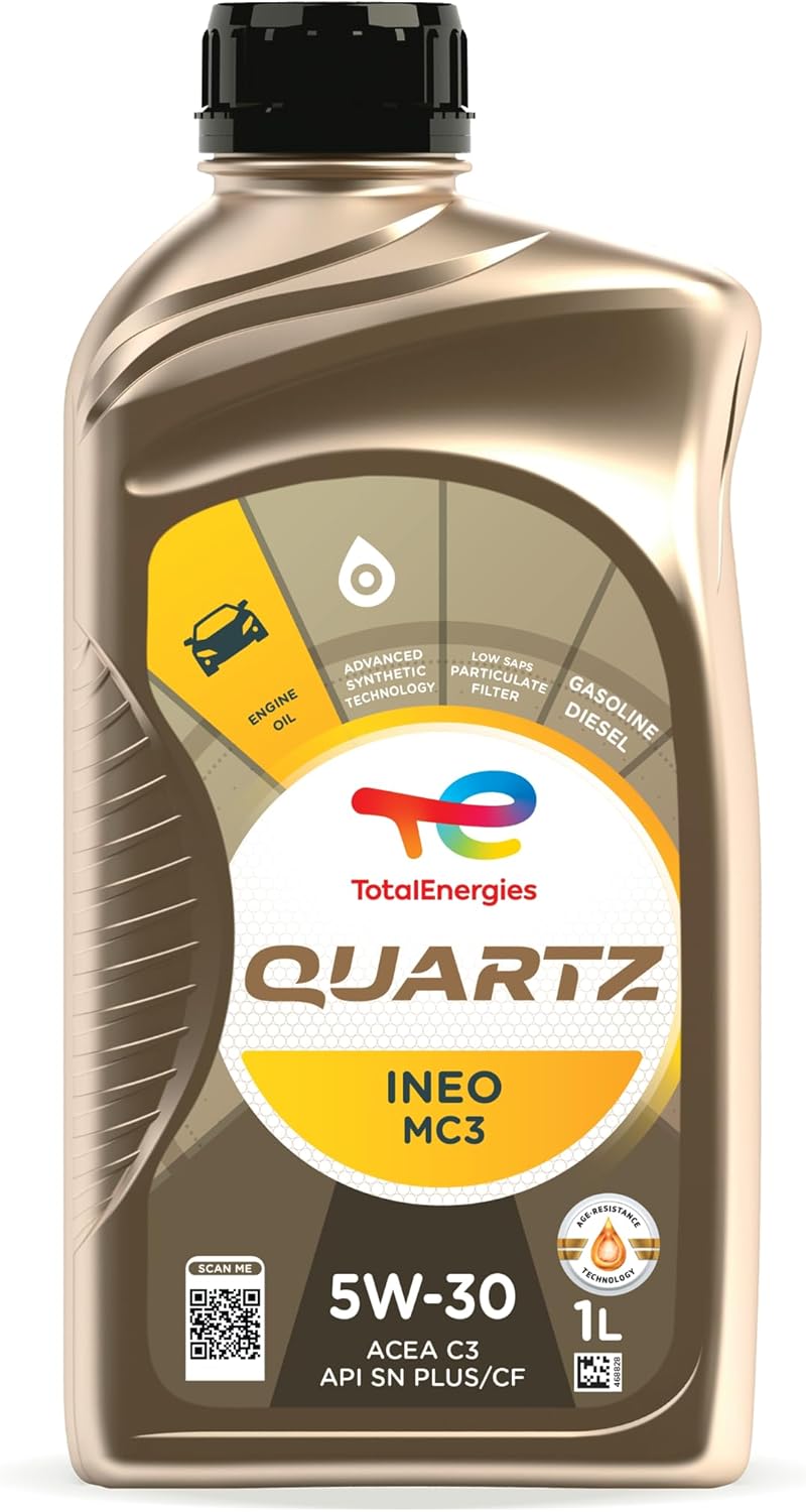 TotalEnergies Quartz INEO MC3 5W30 Engine Oil - ACEA C3, API SN Plus/CF - Low SAPS - Age-Resistance Technology - Advanced Synthetic Motor Oil Lubricant - 1L