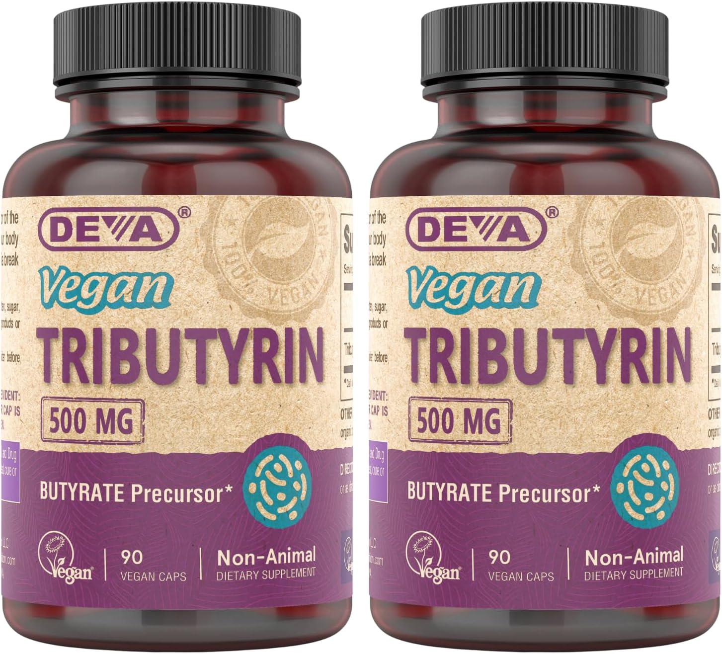 DEVA Vegan Tributyrin Supplement - Butyrate Precursor, Gut Barrier Support, Butyric Acid, 500 MG Vegan Capsules, Leaky Gut Support, Digestion, 90 Count (Pack of 2)